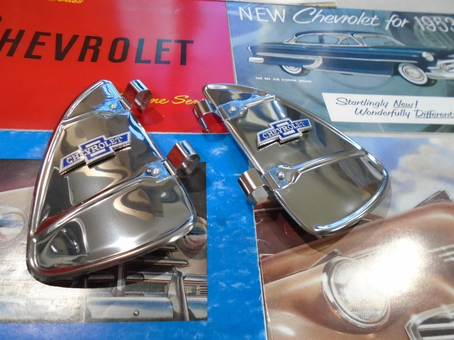 VENT WINDOW BREEZIES WITH BOWTIE CHEVROLET EMBLEMS 1 PAIR STAINLESS