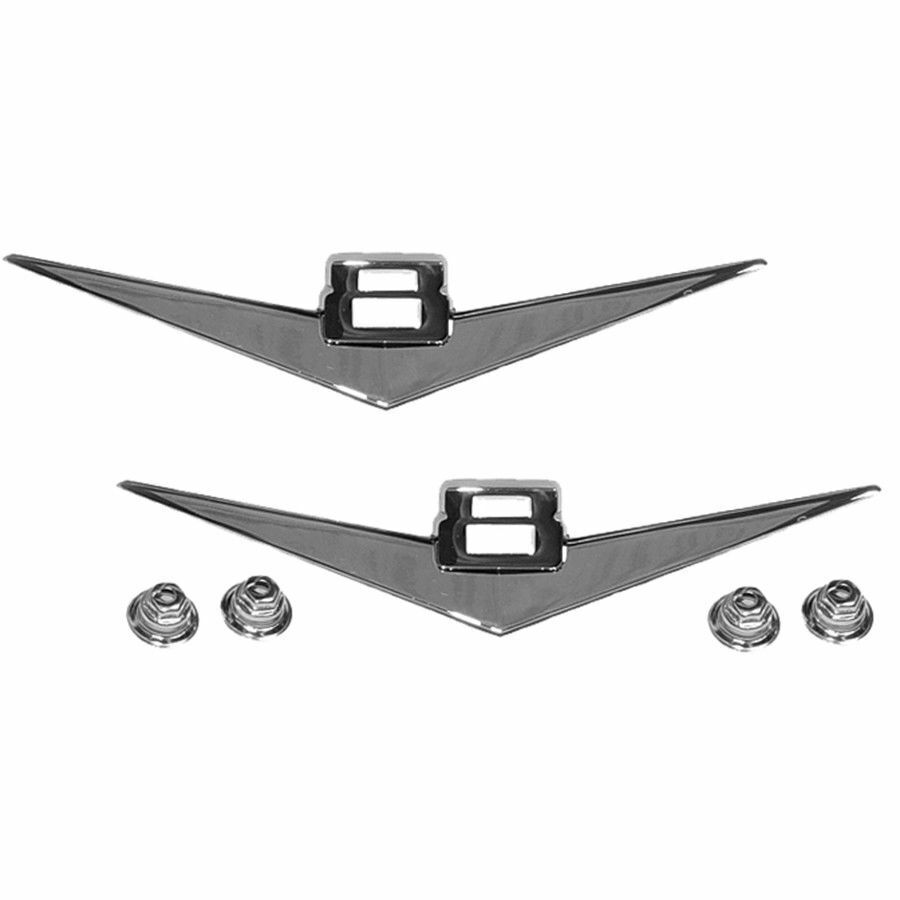 1955 2ND SERIES 1956 CHEVROLET TRUCK " V8 " FRONT FENDER EMBLEMS PAIR CHROME